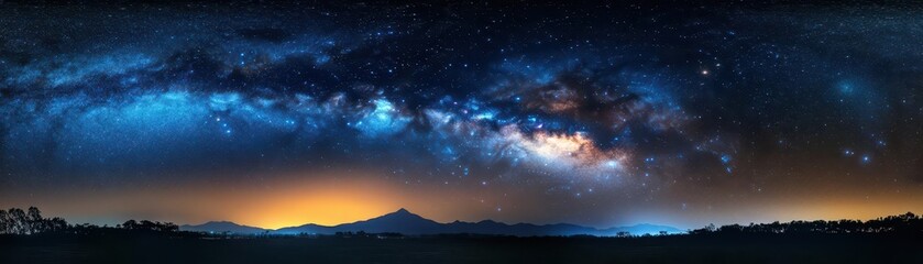 A breathtaking panorama of a deep blue night sky filled with the Milky Way