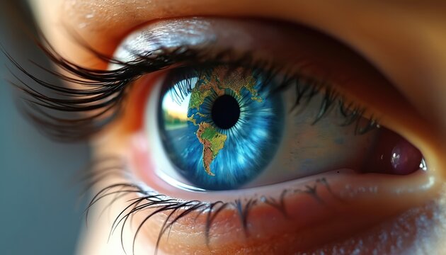 Human eye with world map in pupil for World Sight Day awareness. Vision concept banner. Ocular health illustration, optical clarity, eye care services.