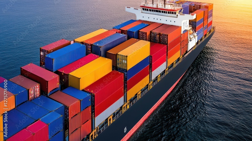 Poster container ship loaded with colorful containers sailing in the ocean under a clear blue sky