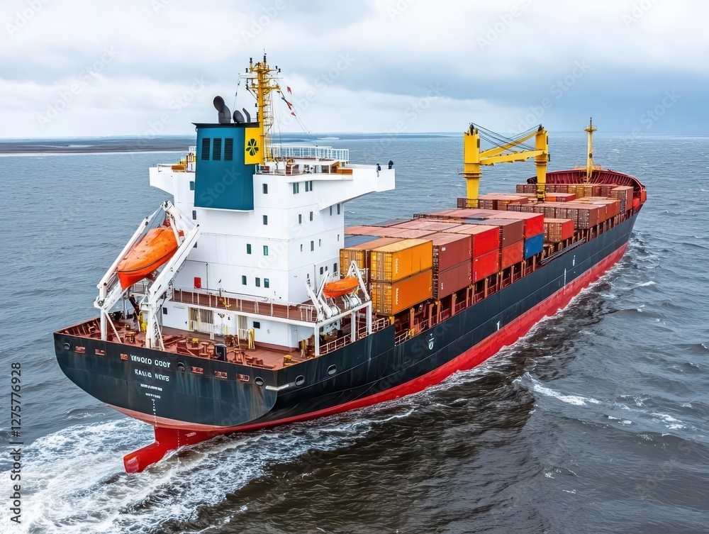 Poster Large cargo ship sailing in deep blue ocean with a crane mounted on top for loading and unloading