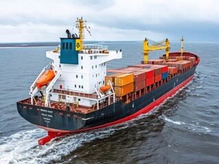 Fototapeta premium Large cargo ship sailing in deep blue ocean with a crane mounted on top for loading and unloading