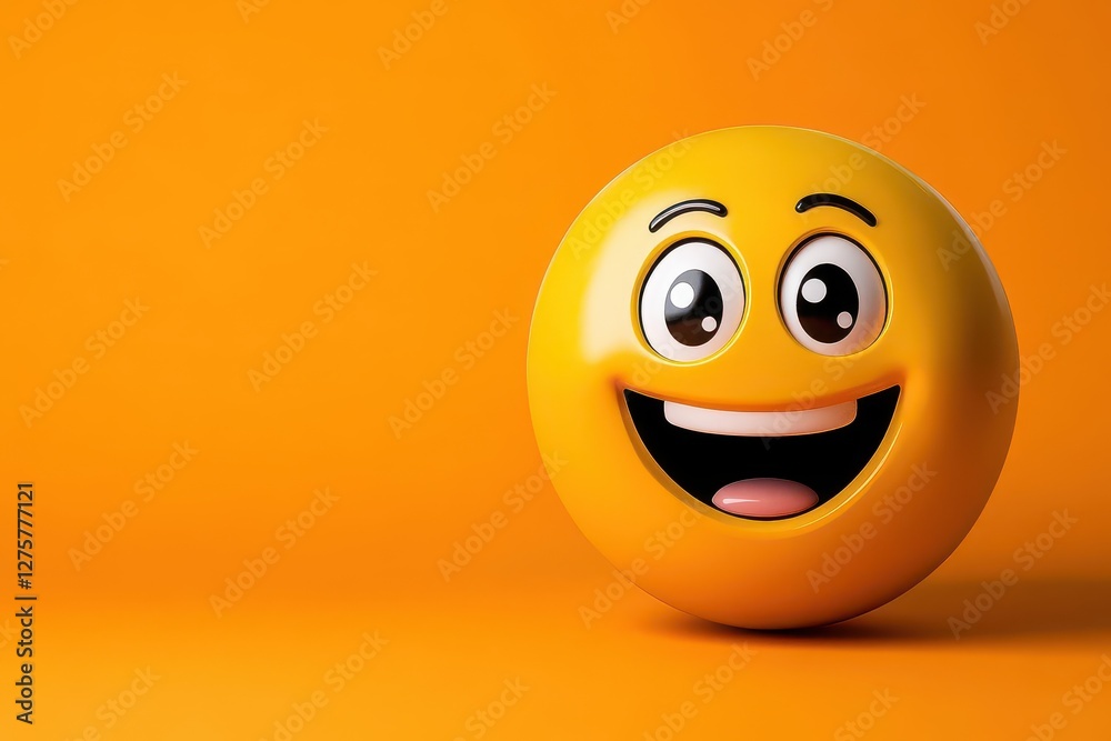 Poster yellow ball with a smiley face design on a plain background for playful and cheerful themes