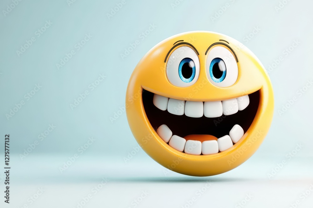 Poster a cheerful emoji with a wide smile and bright eyes, expressing happiness and joy in a fun and playfu