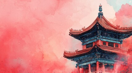 Obraz premium Traditional Asian Pavilion Surrounded by Ethereal Watercolor Skies
