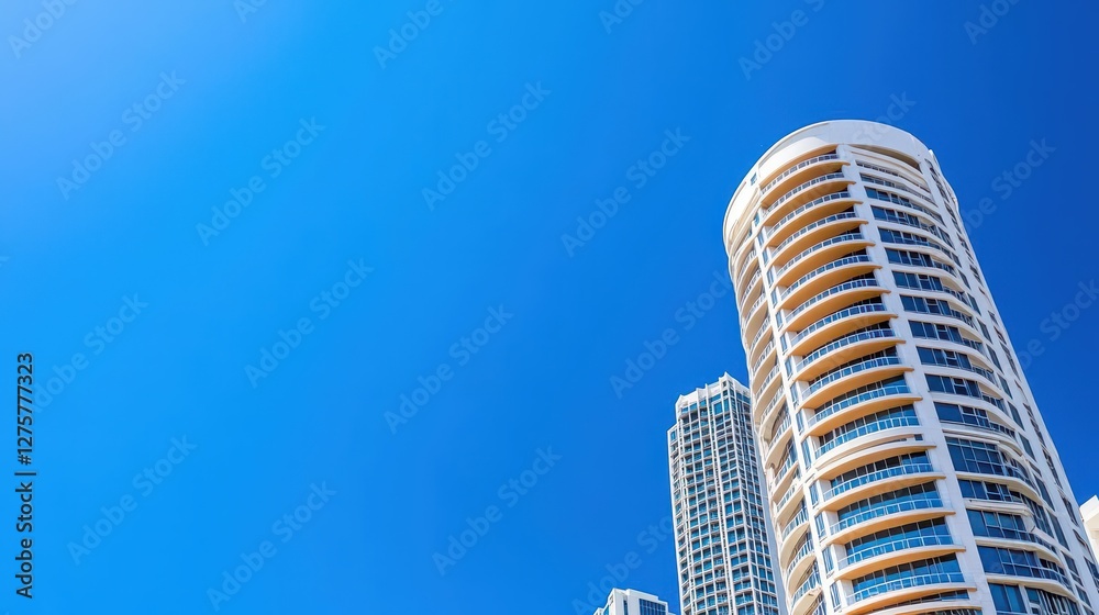 Poster tall white building with modern architecture standing against a clear blue sky in an urban setting