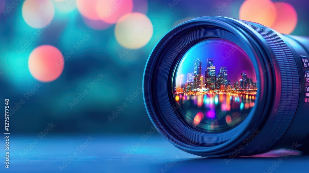 Poster a closeup of a camera lens reflecting vibrant city lights, with a soft bokeh background, capturing a