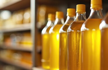 Line of yellow sunflower oil plastic bottles on shelf in store. Cooking oil, natural healthy ingredient. Transparent container with sunflower inside. Food industry, healthy food market.