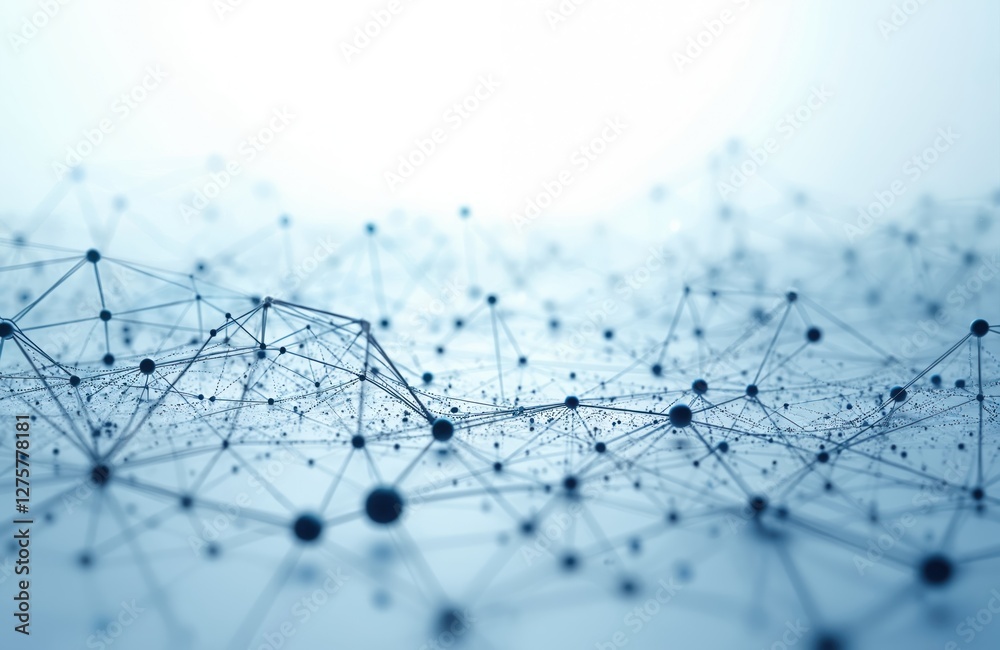 Poster Network of blue dots, lines representing data points, science. Abstract background with connections, nodes for tech, business, engineering presentations or cyberspace, AI topics.