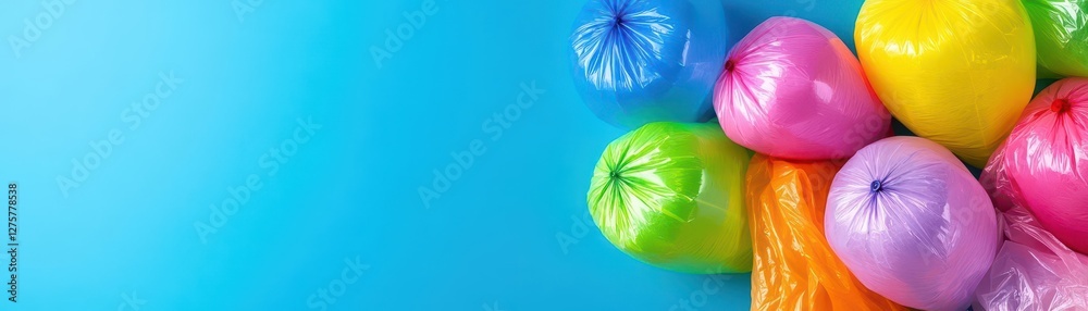 Poster colorful balloons in various shapes and sizes floating against a bright blue background