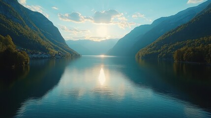 Obraz premium Sunset alpine lake village aerial view