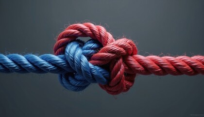 Intertwined red, blue ropes symbolize bipartisan cooperation agreement, relationship strength, union, connection. Knotted cords demonstrate trust, partnership, interdependence, human relationships,