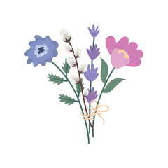 Bouquet of spring flowers of different shapes and colors, tied with a ribbon