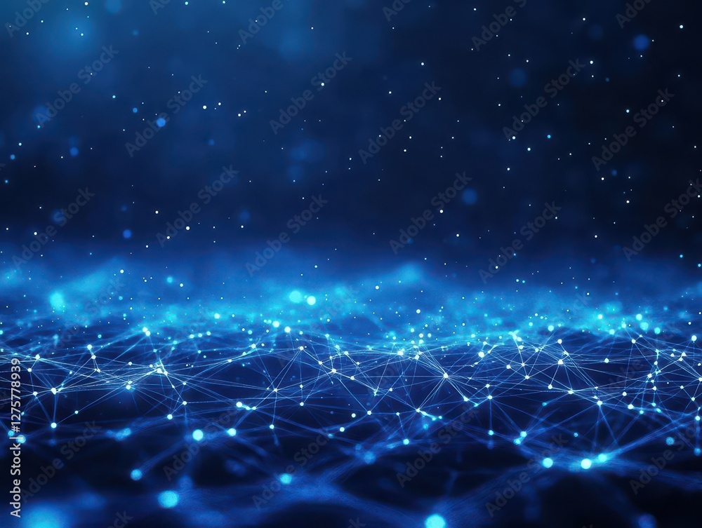 Poster a dark blue abstract background filled with glowing particles