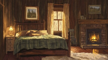 Cozy Rustic Bedroom with Fireplace and Wooden Walls and Decor
