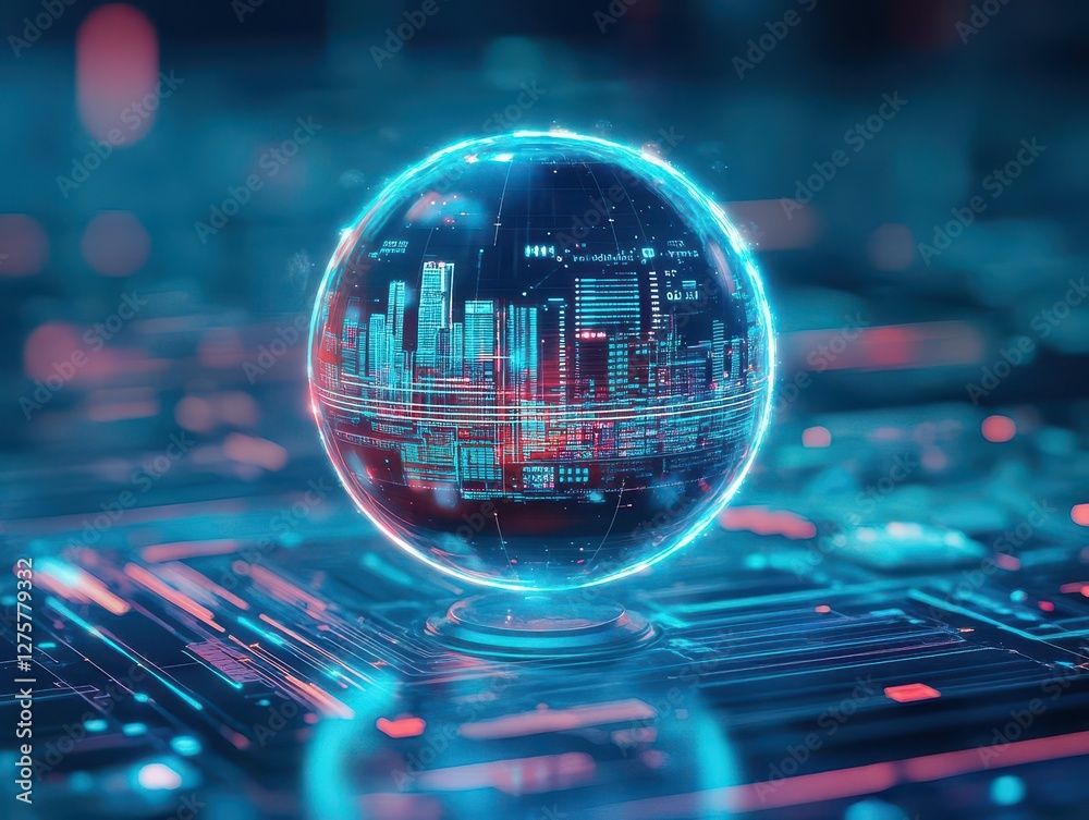 Poster Globe on a table with a city skyline visible in the background during daylight hours