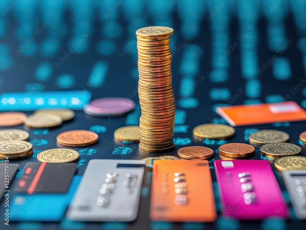 Poster Stack of coins placed on top of a computer keyboard illustrating finance and technology concept