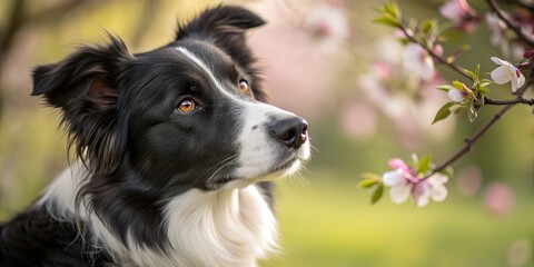Fototapeta premium A beautiful Border Collie dog gazing thoughtfully at blooming tree branches in spring. A symbol of intelligence, loyalty, and the connection between animals and nature.