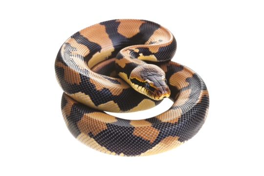 Coiled yellow and black patterned snake, isolated on white transparent background, reptiles or wildlife, symbolizing Chinese Lunar New year