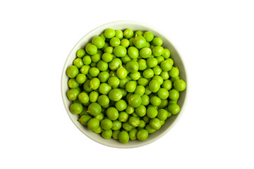 Fresh organic green peas in white round bowl on table in soft focus, isolated on white, top view
