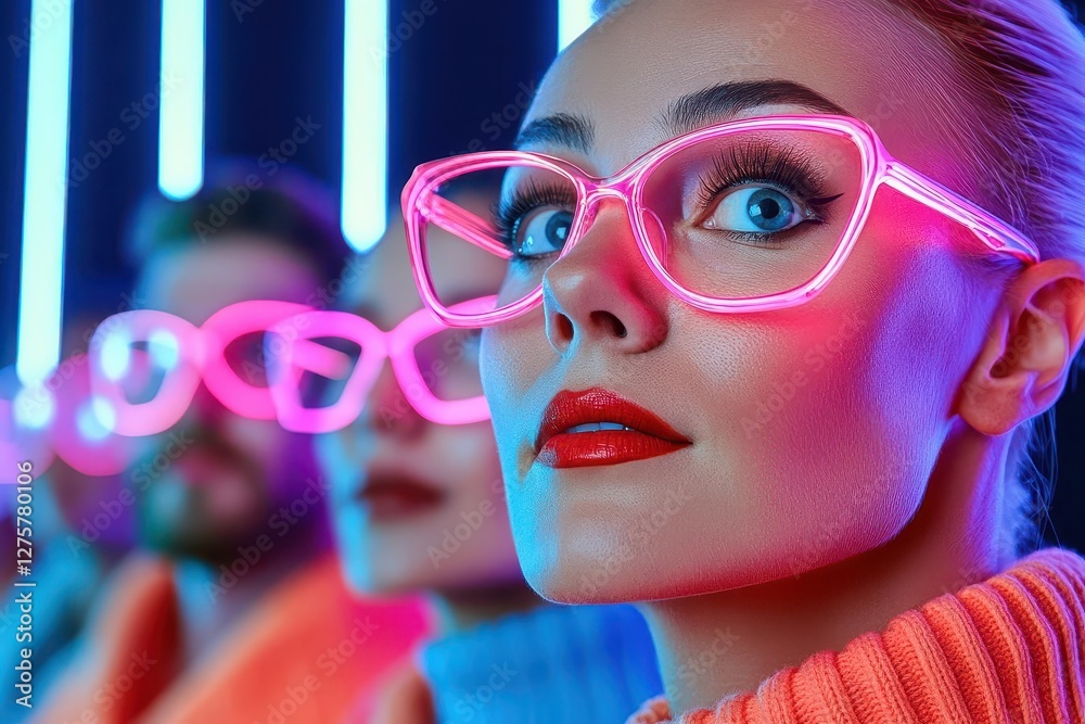 Poster a futuristic scene with diverse individuals in glasses, illuminated by vibrant neon lights, reflecti