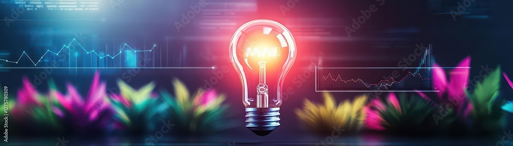 Poster Light bulb illuminated against a vibrant colorful background with abstract patterns and textures