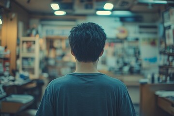 Young person standing in a cozy shop surrounded by various items in the late afternoon light