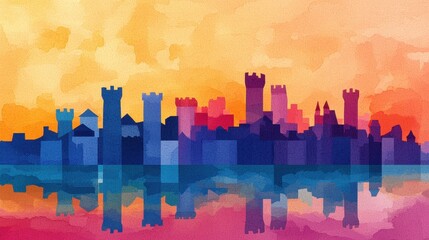 Vibrant Watercolor Castle Silhouette at Sunset with Reflections