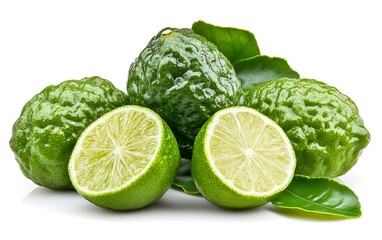 Fresh bergamot limes arranged with leaves, studio shot, for food or cooking background