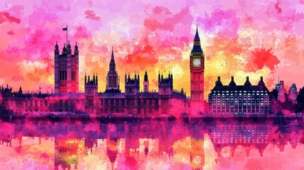 Vibrant Sunset Over London Skyline with Reflections in Water