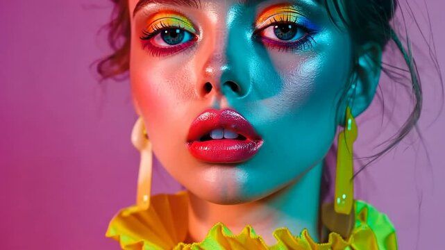 retro 80s pop fashion portrait, close up face of a Caucasian woman wearing bold and bright colorful  Neon and Spandex  makeup and clothes looking at camera 