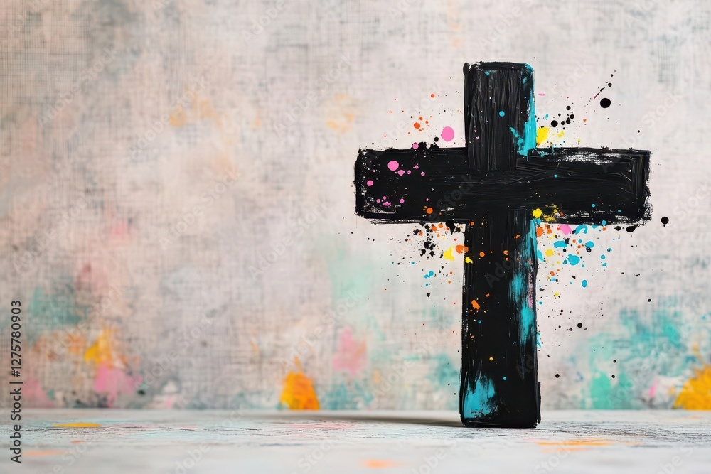 Poster a handpainted black ink cross, featuring dynamic brush stroke textures and lively splatter effects, 