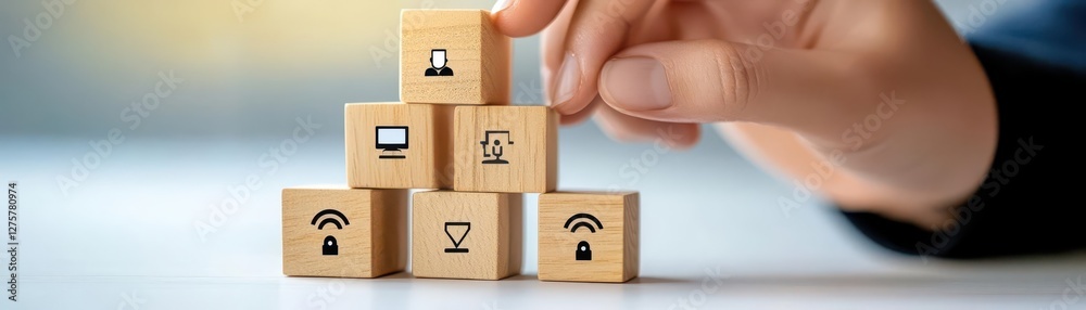 Poster A hand connecting wooden blocks with user icons, illustrating networking and communication in a digital context