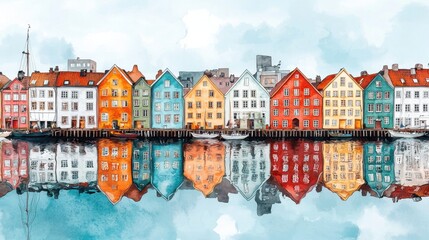 Obraz premium Colorful Waterfront Houses Reflected in Calm Water at Daytime