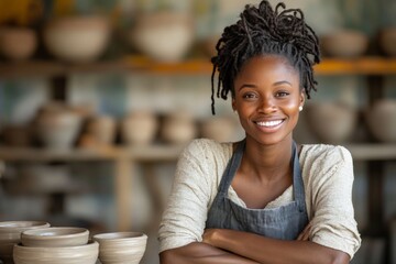 Artisan potter in workshop smiling with handcrafted pottery amidst creative surroundings
