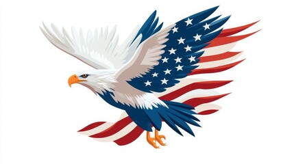 Fototapeta premium Bald eagle in flight, wings designed with American flag.