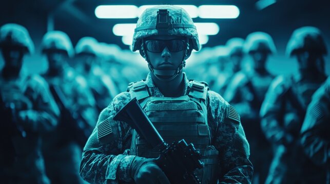 Armed Soldier Standing Proudly Among His Military Unit in Teal Lighting