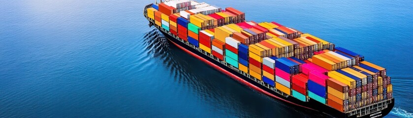Fototapeta premium A large container cargo ship travels over calm, blue ocean