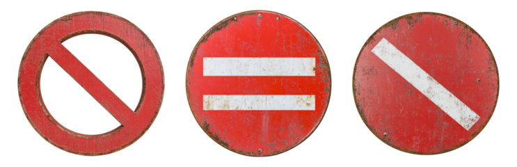 Old Vintage Red Traffic Signs with Weathered Texture Isolated on transparent background