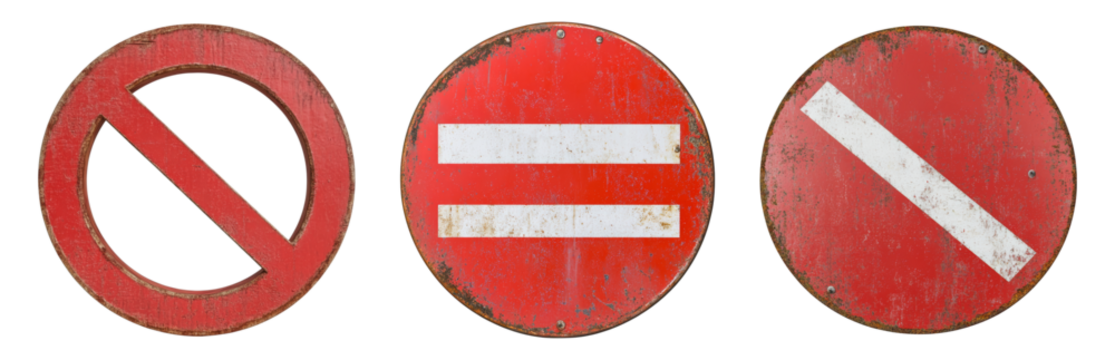 Old Vintage Red Traffic Signs with Weathered Texture Isolated on transparent background