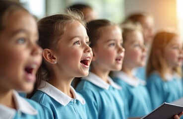 Elementary school kids sing in choir. Children perform music wearing blue uniform in class. Students show joy, harmony, talent, excitement during entertainment, education performance.