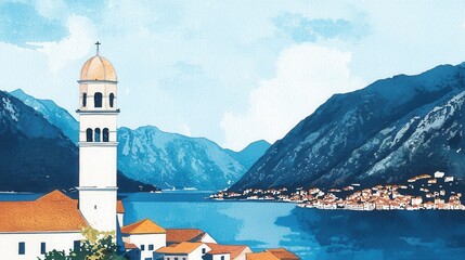Fototapeta premium Scenic View of Mountainous Landscape and Bell Tower by the Water