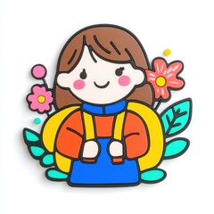 Naklejka premium Cute cartoon girl with backpack surrounded by flowers and leaves in a cheerful, colorful design for children