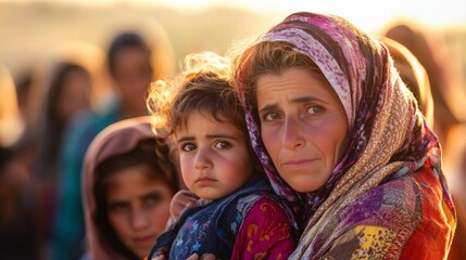 A Middle Eastern mother lovingly holds her young daughter, bathed in warm, golden sunlight.