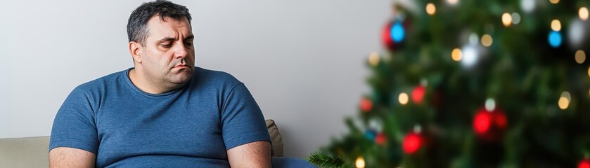 Fototapeta premium A man sits alone in a dimly lit room beside a decorated Christmas tree, conveying feelings of loneliness and sadness during the holiday season