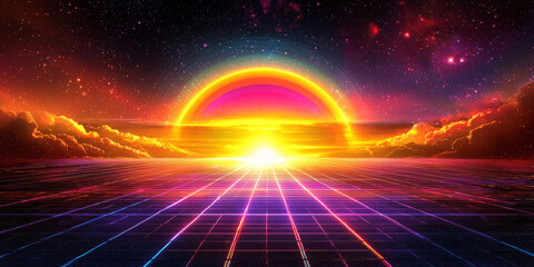 Obraz premium futuristic background with neon grids and glowing rainbow light beams