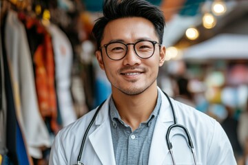 Fototapeta premium Doctor smiling warmly in a bustling market, engaging with community during outreach event