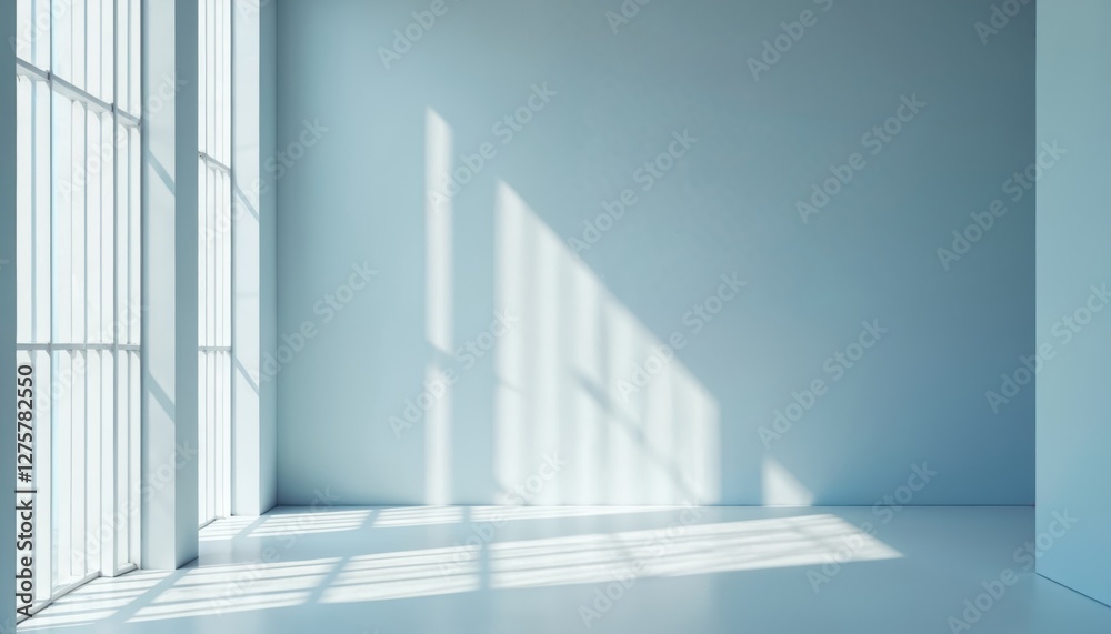 Poster minimalistic interior with light blue wall. sunlight through window creates shadow pattern on floor.