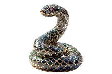 Fototapeta premium Elegant emerald snake sculpture with mosaic patterns and blue gemstones isolated on white transparent background, reptiles or wildlife, symbolizing Chinese Lunar New year