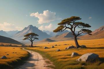 there is a dirt road that leads to a grassy field with trees