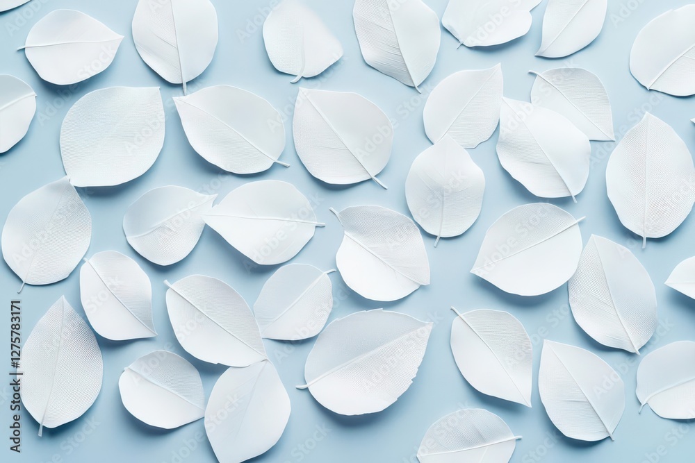 Poster a panoramic view of white geometric leaves forming a 3d tile texture, soft shadows creating depth, m